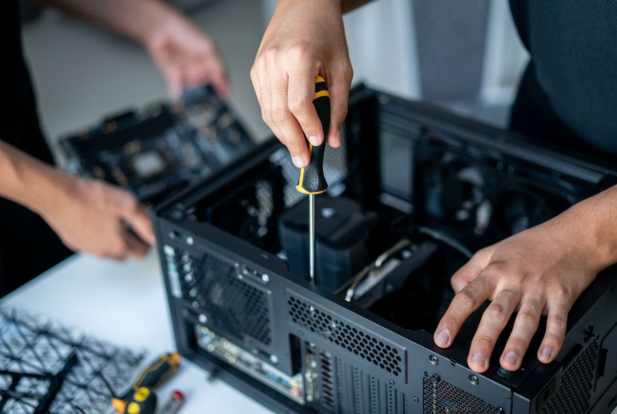 Técnico da Five Tecnologia realizando manutenção de computador para empresa em Cachoeiro de Itapemirim